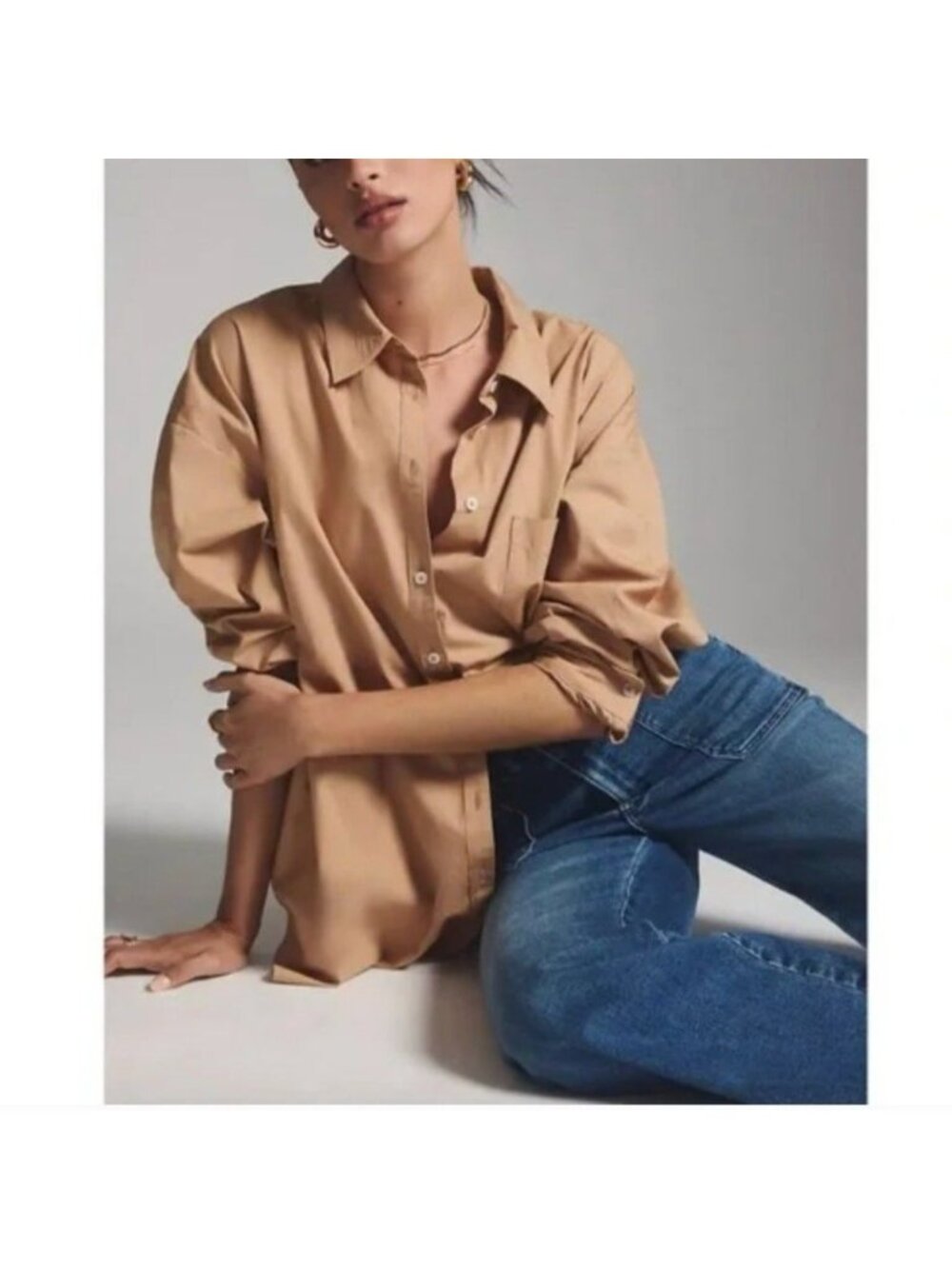 Maeve By Anthropologie Womens Size L The Bennet Button-Up Top Tan Cotton Shirt